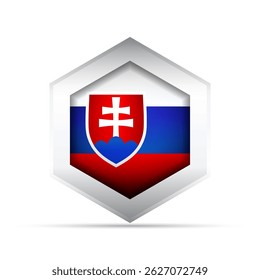 3D-style vector icon of the Slovakia national flag with coat of arms inside a hexagon. Great for maps, infographics, education, UI, and national or cultural-themed illustrations.