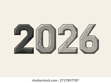 Ilustración vectorial al estilo 3D del año 2026 con un aspecto metálico y en relieve. La fuerte tipografía dimensional da una sensación industrial y futurista moderna. Ideal para logotipos, carteles, Anuncios, branding, gráficos digitales y conceptos visuales audaces de Nuevo año.