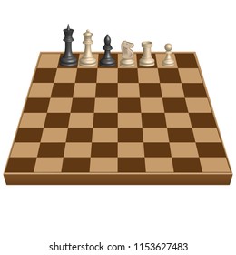 3D-vector graphics. Chess board with chess figures on it. Isolated on white background.