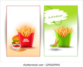 3d.Vector Potatoes French Fries.Meal of Fast Food. Tomato Ketchup in a white cup.A realistic image of a burger with cheese, tomato, lettuce, meat and sesame seeds.