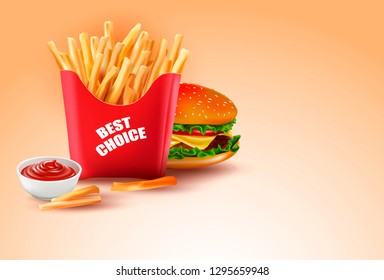 3d.Vector Potatoes French Fries.Meal of Fast Food. Tomato Ketchup in a white cup.A realistic image of a burger with cheese, tomato, lettuce, meat and sesame seeds.
