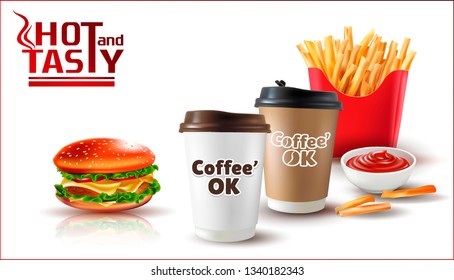 3d.Vector Potatoes French Fries.Meal of Fast Food. Tomato Ketchup in a white cup.A realistic image of a burger with cheese, tomato, lettuce, meat.Vector realistic 3d illustration of black coffee cup.