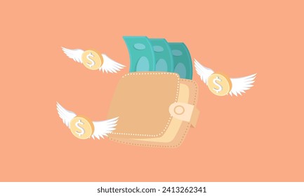 3Dwallet with coins with wings. The concept for business, web sites, online shop, finance, banks. Lost money, money-saving concept.3d goal for business, bank, finance, investment, money illustrations.