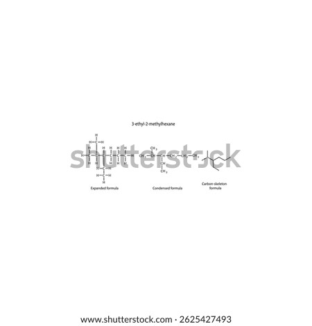 3-Ethyl-2-Methylhexane – Expanded Formula, Condensed Formula, and Carbon Skeletal Formula – Alkane Structure Depiction in Organic Chemistry. Simple chemical diagram.