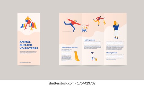 3-fold brochure for animal shelter volunteer campaign. Vector illustration layout template with characters, animals, playing, feeding with dogs and cats. Promotional materials for adoption event.