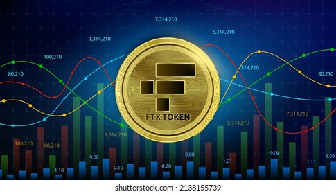 3FTX Token (FTT) coin cryptocurrency blockchain. Future digital currency replacement technology alternative currency, Silver golden stock chart number up down is background. 3D Vector illustration.