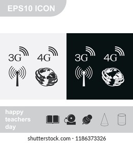 3G, 4G symbols. Mobile telecommunications flat black and white vector icons. World globe sign.