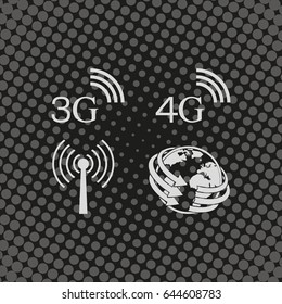 3G, 4G symbols. Mobile telecommunications icons. World globe sign.