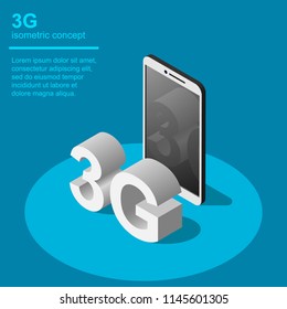 3G broadband cellular network technology vector illustration. Isometric concept includes smartphone and 3G symbol.
