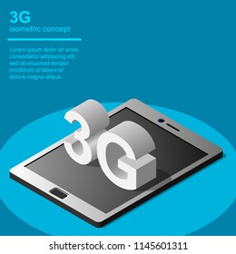 3G broadband cellular network technology vector illustration. Isometric concept includes tablet and 3G symbol.