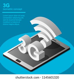3G broadband cellular network technology vector illustration. Isometric concept includes tablet and 3G symbol.