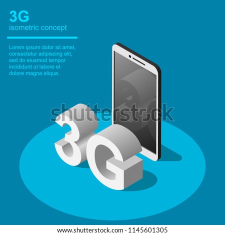 3G broadband cellular network technology vector illustration. Isometric concept includes smartphone and 3G symbol.