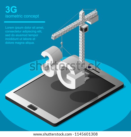 3G broadband cellular network technology installation vector icon. Isometric concept includes tablet, tower crane and 3G symbol.