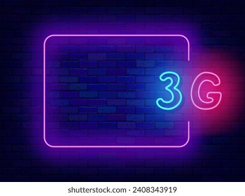3G internet neon poster. Online greeting card. Wifi zone. Empty purple frame and typography. Welcome sign. Glowing flyer. Copy space. Editable stroke. Vector stock illustration