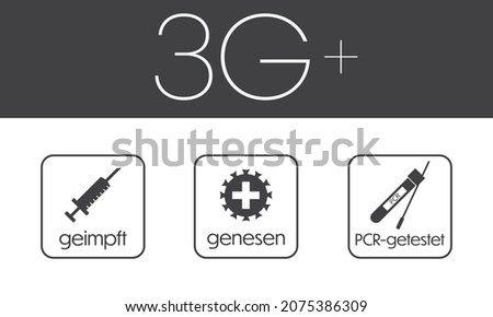 3G plus Corona regulation notice with framed vector icons and text arranged on top of each other on dark grey background in landscape orientation