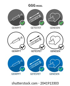 3 G Regel. Geimpft , Getestet ,Genesen.3G vacunado por regla, recuperado, probado.Covid-19 reglas en Alemania.Vector conjunto de ícono.