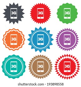 3G sign icon. Mobile telecommunications technology symbol. Stars stickers. Certificate emblem labels. Vector