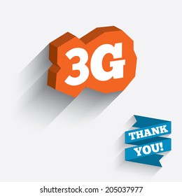 3G sign icon. Mobile telecommunications technology symbol. White icon on orange 3D piece of wall. Carved in stone with long flat shadow. Vector
