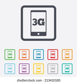 3G sign icon. Mobile telecommunications technology symbol. Round squares buttons with frame. Vector