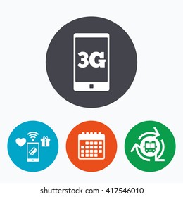 3G sign icon. Mobile telecommunications technology symbol. Mobile payments, calendar and wifi icons. Bus shuttle.