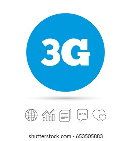 3G sign icon. Mobile telecommunications technology symbol. Copy files, chat speech bubble and chart web icons. Vector