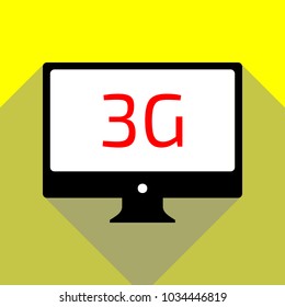 3g technology icon. Vector. Red icon on white monitor of black all-in-one desktop computer with two shadows at yellow background.