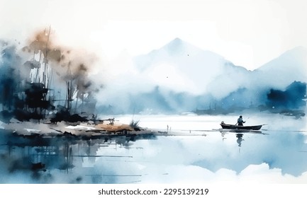 3h Fisherman fishing on a calm lake mountains watercolor.