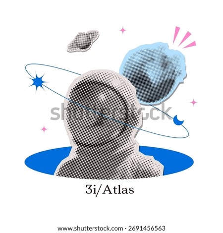 3i-atlas halftone collage banner. Vector illustration of space, cosmonaut and galaxy for poster, banner or background. Abstract drawings of the future, science fiction and astronomy. Isolated Vector