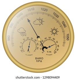 3-in-1 Barometer with Thermometer and Hygrometer colored illustration. Circular analog Barometer indicator vector. Barometer is a instrument used in to measure atmospheric pressure