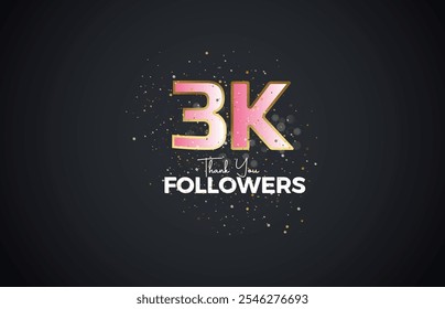 3K isolado no fundo escuro com confetes cintilantes, Obrigado seguidores povos, dourado, rosa número 3K grupo social online, 4k