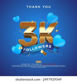 3k thank you social media followers and subscribers with editable font gold style effect