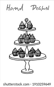 3-layer cupcake shelf - - vector illustration hand drawn in doodle style.  traced sketch with muffins on the cake shelf