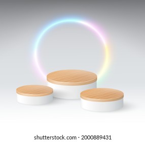 3-level circular wood grain podium with spherical neon lights on a cool white background. EPS realistic file.