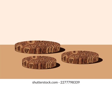 3-level circular wood grain podium. Wood texture. Display for products.
