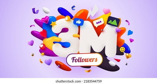 3m or 3000000 followers thank you. Social Network friends, followers, Web user Thank you celebrate of subscribers or followers. Vector illustration