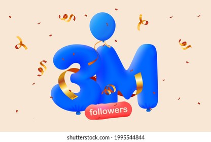 3M followers thank you 3d blue balloons and colorful confetti. Vector illustration 3d numbers for social media 3000000 followers, Thanks followers, blogger celebrates subscribers, likes