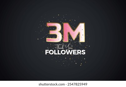 3M isolated on Dark background with sparkling confetti, Thank you followers peoples, golden, Black number 3M online social group, 4M