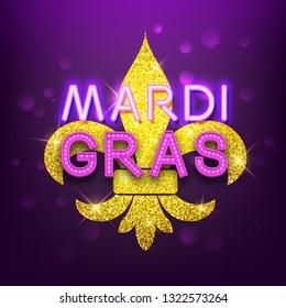 3Mardi Gras decorative postcard with traditional gold symbol, vector illustration