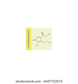 3-O-Ethylascorbic skeletal structure diagram.Vitamin C derivative compound molecule scientific illustration on yellow background.