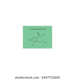 3-O-Ethylascorbic skeletal structure diagram.Vitamin C derivative compound molecule scientific illustration on green background.