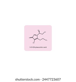 3-O-Ethylascorbic skeletal structure diagram.Vitamin C derivative compound molecule scientific illustration on pink background.