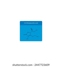 3-O-Ethylascorbic skeletal structure diagram.Vitamin C derivative compound molecule scientific illustration on blue background.