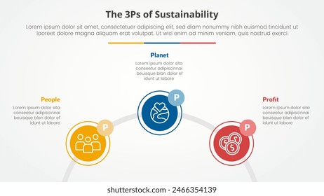 3P o 3Ps concepto infográfico de la estructura de sostenibilidad para la presentación de la diapositiva con el contorno circular enlazado del círculo en el medio círculo con la lista de 3 puntos con el Vector del estilo plano