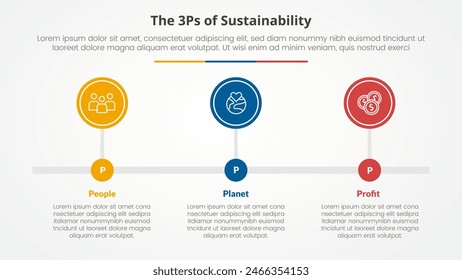 3P oder 3Ps Nachhaltigkeitsrahmen Infografik-Konzept für Diapräsentation mit Großkreis-Umriss Horizontale Timeline mit 3-Punkt-Liste mit flacher Stil-Vektorgrafik