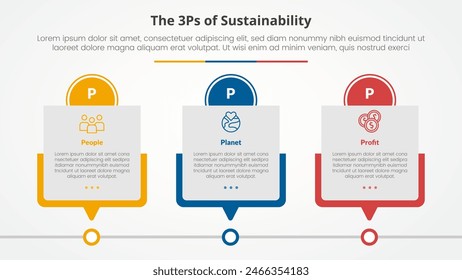 3P oder 3Ps Nachhaltigkeitsrahmen Infografik-Konzept für Diapräsentation mit Box-Timeline-Tabelle mit Kreis-Header mit 3-Punkt-Liste mit flacher Stil-Vektorgrafik