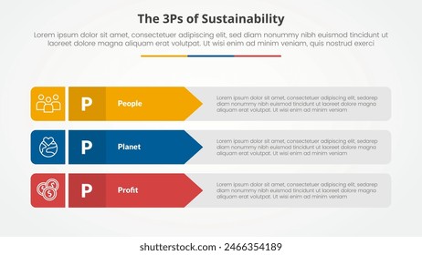 3P or 3Ps sustainability framework infographic concept for slide presentation with rectangle arrow stack with 3 point list with flat style vector