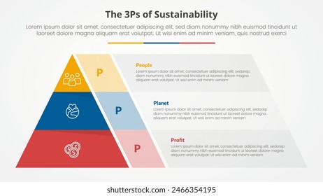 Concepto infográfico de 3P o 3Ps para presentación de diapositivas con forma piramidal y caja de contenedor transparente con lista de 3 puntos con Vector de estilo plano