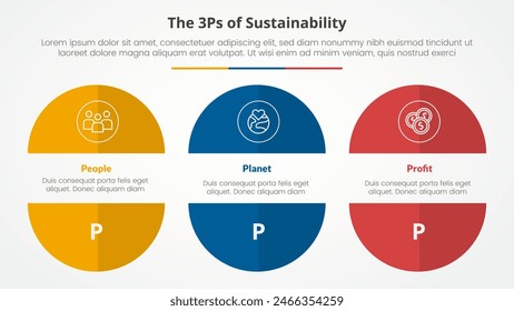 3P or 3Ps sustainability framework infographic concept for slide presentation with big circle cut truncated half slice with 3 point list with flat style vector