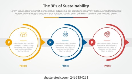 Concepto infográfico de 3P o 3Ps para presentación de diapositivas con gran contorno circular Horizontal dirección derecha con 3 puntos lista con Vector de estilo plano