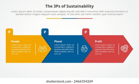 Concepto infográfico de 3P o 3Ps para presentación de diapositivas con forma de rectángulo de flecha grande en dirección derecha con lista de 3 puntos con Vector de estilo plano